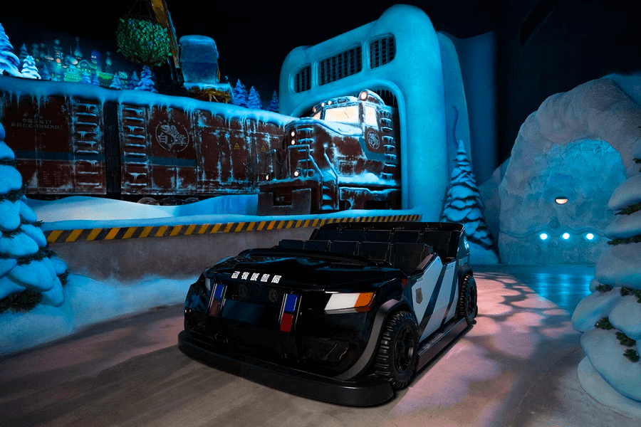 The cop car ride vehicle sitting in the Tundra Town area of the ride. 